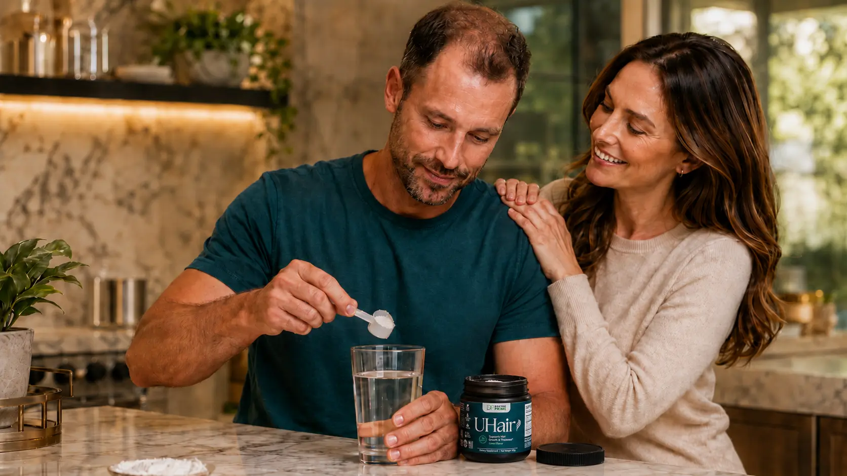 A couple preparing UHair in the kitchen