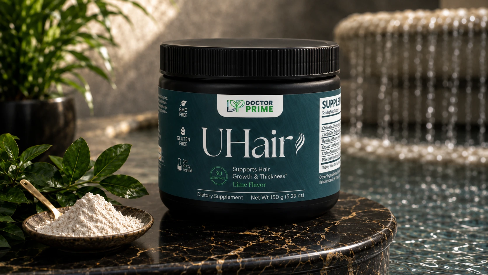 Jar of UHair on marble, with care and well-being in the background
